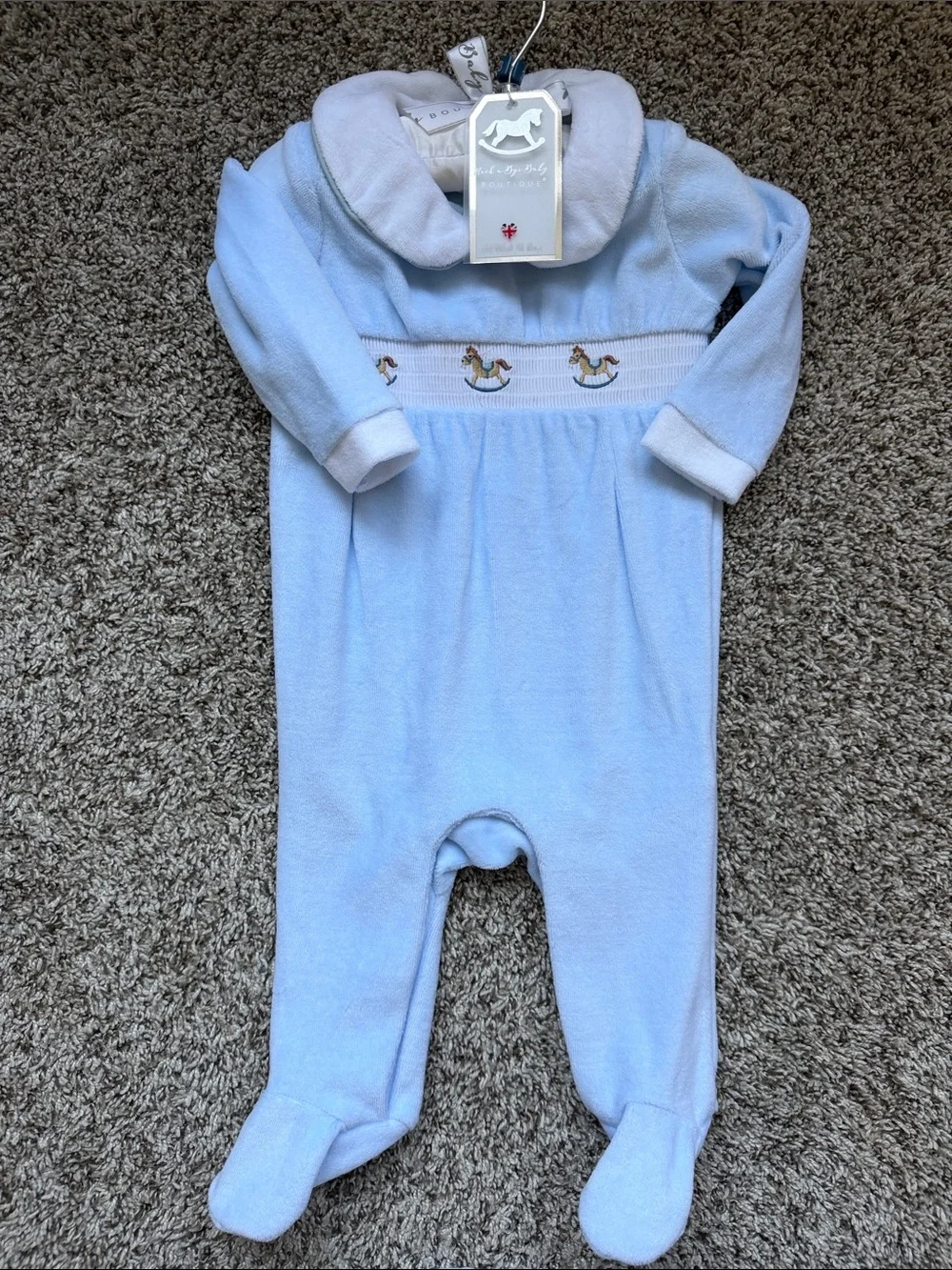 Sweet Rocking Horse Smocked Footed One-Piece - Light Blue